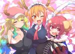  3girls :d ;d arm_up blonde_hair breasts claws cleavage closed_eyes closed_mouth commentary_request dragon_girl dragon_horns eyebrows_visible_through_hair fur_trim gloves hat highres horns huge_breasts ilulu_(maidragon) kobayashi-san_chi_no_maidragon large_breasts long_hair looking_at_viewer lucoa_(maidragon) maid maid_headdress multiple_girls off_shoulder one_eye_closed open_mouth orange_eyes orange_hair pink_headwear pointy_ears red_eyes red_hair red_neckwear sharp_teeth slit_pupils smile sw_(taco) teeth tohru_(maidragon) twintails upper_body white_gloves 