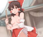  1girl bangs blurry blurry_background bow breasts brown_eyes brown_hair collarbone commentary_request day detached_sleeves empty_eyes frilled_bow frilled_skirt frills hair_between_eyes hair_bow hair_tubes hakurei_reimu hot medium_breasts medium_hair miyo_(ranthath) nipples open_mouth outdoors red_skirt ribbon-trimmed_sleeves ribbon_trim skirt solo sweat topless touhou wide_sleeves 