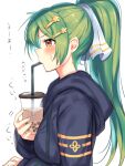  1girl bangs blue_hoodie blush breasts brown_eyes bubble_tea bubble_tea_challenge commentary_request cup drinking_straw eyebrows_visible_through_hair failure from_side gabriel_(monster_strike) green_hair hair_ornament hairclip highres hood hood_down hoodie long_hair long_sleeves medium_breasts monster_strike ponytail sasamaruko simple_background solo star_(symbol) star_hair_ornament sweatdrop translation_request upper_body very_long_hair white_background 