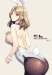  1girl alternate_costume american_flag animal_ears ass black_legwear bow bowtie breasts brown_eyes character_name commentary creature detached_collar english_commentary highres houston_(kancolle) kantai_collection large_breasts leaning_forward leotard light_brown_hair looking_at_viewer medium_breasts odachu pantyhose playboy_bunny rabbit_ears rabbit_tail simple_background solo standing strapless strapless_leotard tail texas_flag white_background white_leotard wrist_cuffs 