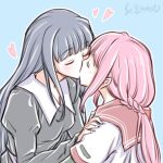  2girls artist_name blue_hair blush braid closed_eyes hand_on_another&#039;s_shoulder heart kiss long_hair magia_record:_mahou_shoujo_madoka_magica_gaiden mahou_shoujo_madoka_magica multiple_girls nanami_yachiyo pink_hair school_uniform studiozombie tamaki_iroha upper_body yuri 