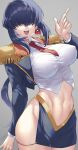  1990s_(style) 1girl breasts collared_shirt covered_nipples dark_blue_hair earrings fingernails hair_over_eyes highres jewelry large_breasts long_fingernails luchs midriff murata_tefu navel necktie retro_artstyle saber_marionette_j shirt single_earring skindentation skirt solo 