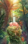  artist_name closed_eyes commentary_request cutiefly day flying gen_1_pokemon gen_7_pokemon highres leaf lying mei_ford mew moss mythical_pokemon no_humans outdoors plant pokemon pokemon_(creature) sleeping statue toes water waterfall 
