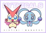  artsy-rc border closed_mouth commentary english_commentary gen_4_pokemon gen_5_pokemon highres looking_at_viewer manaphy mythical_pokemon no_humans pokemon pokemon_(creature) purple_border smile v victini 