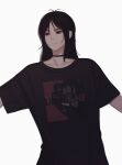  1girl absurdres black_choker black_shirt choker eyebrows highres huge_filesize light_smile long_hair messy_hair original shirt simple_background smile solo t-shirt upper_body white_background zaki_(zaki_btw) 