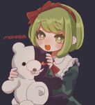  1girl alternate_costume ameko53133 bangs black_background blush_stickers character_name commentary_request danganronpa_(series) danganronpa_another_episode:_ultra_despair_girls dress eyebrows_visible_through_hair green_eyes green_hair hair_ribbon highres holding long_sleeves monokuma open_mouth red_eyes ribbon short_hair simple_background smile stuffed_animal stuffed_toy teddy_bear towa_monaka upper_body 