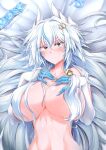 1girl absurdres artist_name bangs blue_hair breasts claws closed_mouth dragon_girl dragon_horns eyebrows_visible_through_hair g_(genesis1556) hair_censor hair_ornament hair_over_breasts highres horns huge_breasts long_hair looking_at_viewer lutian_(g_(genesis1556)) lying midriff monster_girl multicolored_hair multiple_condoms navel nude on_back on_bed original out-of-frame_censoring solo streaked_hair two-tone_hair upper_body white_hair yellow_eyes 