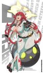  ankh bayeuxman bellbottoms bodysuit breasts broken_halo cleavage covered_nipples cross curvy green_eyes guilty_gear guilty_gear_strive halo highres jack-o&#039;_valentine large_breasts long_hair looking_at_viewer red_hair skin_tight solo thick_thighs thighs white_bodysuit wide_hips 