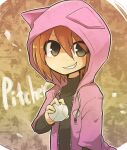  1girl animal_ears animal_hood ball bangs baseball black_shirt brown_background brown_eyes brown_hair cat_ears character_name fake_animal_ears grin hair_between_eyes holding holding_ball hood hood_up hoodie jiima_tarou layered_clothing minna_no_rhythm_tengoku naughty_face open_clothes open_hoodie pink_hoodie pitcher_(rhythm_tengoku) rhythm_tengoku shaded_face shirt short_hair smile texture turtleneck unzipped upper_body zipper 