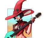  1girl absurdres black_hair choker electric_guitar gloves green-tinted_eyewear guilty_gear guilty_gear_strive guitar hat highres i-no instrument jacket red_headwear short_hair sunglasses tinted_eyewear witch_hat 