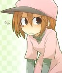  1girl bangs baseball_cap black_eyes blush brown_hair checkered checkered_background dress frown furrowed_brow gradient gradient_background green_background grey_shirt hair_between_eyes hat jiima_tarou layered_clothing leaning_forward long_sleeves looking_back minna_no_rhythm_tengoku pink_dress pink_headwear pitcher_(rhythm_tengoku) rhythm_tengoku shaded_face shirt short_hair short_sleeves slouching solo squiggle tearing_up turtleneck undershirt unhappy upper_body 