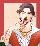  2boys beard beige_background border brown_hair chobi_(piita4) chocolate collarbone commentary_request dated english_text facial_hair finger_in_another&#039;s_mouth food food_on_face forehead frilled_shirt frills fushigi_naohito goatee green_eyes gyakuten_saiban gyakuten_saiban_6 hair_intakes half-closed_eyes hand_on_another&#039;s_arm hand_up jewelry male_focus multiple_boys mustache necklace open_mouth raised_eyebrow red_border ring shinoyama_kanenari shiny shiny_hair shirt short_hair simple_background solo_focus straight-on tongue upper_body valentine white_shirt yaoi 