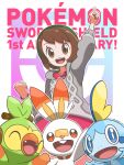  1girl :d absurdres arm_up bangs blush bob_cut brown_eyes brown_hair buttons cable_knit cardigan collared_dress commentary_request copyright_name dress eyelashes gen_8_pokemon gloria_(pokemon) green_headwear grey_cardigan grookey hat highres hooded_cardigan index_finger_raised number open_mouth pink_dress pokemon pokemon_(creature) pokemon_(game) pokemon_swsh scorbunny short_hair smile sobble tam_o&#039;_shanter tongue upper_teeth yamane_(viq4201) 