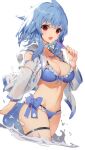  1girl :d akizone bikini blue_bikini blue_bow blue_hair bow breasts choker clothing_cutout collarbone food frilled_bikini frills highres holding jacket large_breasts leg_garter looking_at_viewer navel open_clothes open_jacket open_mouth original partially_submerged popsicle red_eyes short_hair shoulder_cutout simple_background skindentation smile solo strap_gap swimsuit water white_background white_choker white_jacket 