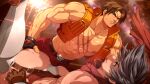  2boys abs absurdres bara bare_pectorals bare_shoulders bloody_roar briefs brown_hair bulge cropped_jacket eye_contact highres imminent_penetration incest jacket large_pectorals looking_at_another male_focus male_underwear mazjojo multiple_boys muscular muscular_male navel navel_hair nipples ogami_kenji ogami_yugo open_clothes open_jacket pants pectorals red_pants scar scar_on_chest short_hair spread_legs stomach sweat thighs underwear veins white_male_underwear wrestling 