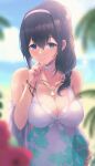  1girl ball bangs bare_shoulders beach beachball bikini black_hair blue_eyes blue_sky blurry blurry_background blurry_foreground blush bracelet breasts choker cleavage cloud flower front-tie_bikini front-tie_top hair_between_eyes hair_over_shoulder hairband halterneck hand_on_own_chin highres idolmaster idolmaster_cinderella_girls jacket jewelry large_breasts layered_bikini leaf_print light_particles long_hair looking_at_viewer nail_polish navel necklace ocean open_clothes open_jacket outdoors palm_tree red_flower ryuu. sagisawa_fumika see-through shell_necklace sky smile solo sunlight swimsuit tree upper_body wet wet_hair white_bikini white_choker white_jacket white_swimsuit 