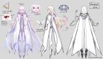  1other :o androgynous bodysuit character_name character_sheet cloak english_commentary floating_hair fuzichoco grey_background highres hololive hololive_english hood hooded_cloak long_hair mixed-language_commentary multicolored_hair official_art omega_alpha open_mouth plantar_flexion rainbow_hair red_eyes streaked_hair translation_request triangle_halo virtual_youtuber white_bodysuit white_cloak white_hair 