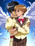  1boy 1girl black_hair blue_background bow bowtie brown_eyes brown_hair english_commentary eyebrows_visible_through_hair feathers green_eyes hug hug_from_behind jacket kanzaki_hitomi optionaltypo school_uniform shirt short_hair signature skirt sleeveless sleeveless_shirt tenkuu_no_escaflowne van_fanel wings 