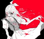  1boy :q awara_kayu bangs black_background blood blood_in_hair blood_on_clothes blood_on_face collarbone commentary_request crossdressing dated floating_hair hair_ornament limited_palette long_hair puffy_short_sleeves puffy_sleeves red_background ribbon shirt short_sleeves skirt_hold solo striped striped_shirt suzuya_juuzou tokyo_ghoul tokyo_ghoul:re tongue tongue_out 
