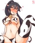  1girl alternate_costume animal_ears animal_print artist_logo bell bikini black_hair blush breasts cameltoe commentary_request cow_ears cow_horns cow_print cow_tail cowbell cowboy_shot dated fake_animal_ears fake_horns front-tie_top horns kanon_(kurogane_knights) kantai_collection large_breasts long_hair micro_bikini navel nose_blush one-hour_drawing_challenge ponytail red_eyes sidelocks simple_background sitting solo swimsuit tail thighhighs white_background white_bikini white_legwear yahagi_(kancolle) 