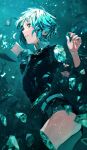  1other amputee androgynous aqua_eyes aqua_hair black_shorts bug butterfly collared_shirt commentary commentary_request crystal_hair from_side gem gem_uniform_(houseki_no_kuni) highres houseki_no_kuni idoukunn insect other_focus parted_lips phosphophyllite shirt short_hair short_shorts shorts thighs 
