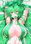  1girl absurdres arms_behind_head artist_name bangs bed_sheet blush breasts condom condom_in_mouth dragon_girl dragon_horns eyebrows_visible_through_hair g_(genesis1556) green_eyes green_hair hair_between_eyes hair_censor heterochromia highres horns huge_breasts karutia_(g_(genesis1556)) long_hair looking_at_viewer lying midriff monster_girl mouth_hold nude on_back on_bed original out-of-frame_censoring red_eyes scar_on_stomach solo sweatdrop upper_body 