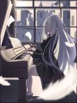  1girl absurdres black_dress dress hair_ornament hair_over_one_eye highres instrument long_hair noir_(noworld) noworld piano qiyuan_yingluo quill solo virtual_youtuber white_hair window 