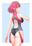  1girl absurdres ass bangs bare_shoulders black_swimsuit breasts closed_mouth commentary commentary_request competition_swimsuit earrings eyebrows_visible_through_hair frown hand_on_back headpiece highres jewelry large_breasts looking_at_viewer one-piece_swimsuit outside_border pyra_(pro_swimmer)_(xenoblade) pyra_(xenoblade) red_eyes red_hair red_swimsuit ryochan96154 short_hair solo swimsuit thighs tiara two-tone_swimsuit wet xenoblade_chronicles_(series) xenoblade_chronicles_2 
