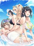  4girls alternate_hairstyle atago_(kancolle) beach bikini black_bikini black_hair black_nails blonde_hair blue_eyes blush breasts brown_hair choukai_(kancolle) cleavage closed_mouth collarbone day eyewear_on_head floral_print glasses goggles goggles_on_head hat highres innertube kantai_collection large_breasts long_hair looking_at_viewer maya_(kancolle) medium_breasts multiple_girls off_shoulder open_mouth outdoors partially_submerged picoli1313 ponytail red_eyes short_hair sitting smile standing sun_hat swimsuit takao_(kancolle) water wavy_hair white_bikini white_headwear 