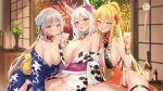  3girls :d animal_ears animal_print bare_shoulders bell black_choker blonde_hair blue_flower blue_kimono blue_rose bottle breasts choker cleavage closed_mouth collarbone commentary_request copyright_request cow_print cup drinking_glass eyebrows_visible_through_hair fireworks flower hair_flower hair_ornament holding holding_cup houchi_shoujo indoors japanese_clothes kimono large_breasts long_hair looking_at_viewer multiple_girls neck_bell open_mouth pink_eyes pink_flower pink_rose ponytail poppuqn print_kimono rose sitting smile sweat white_kimono 