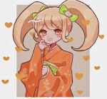  1girl ameko53133 bangs blonde_hair blush_stickers bow brown_background cat_hair_ornament commentary_request danganronpa_(series) danganronpa_2:_goodbye_despair grin hair_bow hair_ornament heart japanese_clothes kimono long_hair long_sleeves looking_at_viewer outside_border saionji_hiyoko smile solo twintails white_background wide_sleeves 