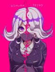  1girl ameko53133 bangs black_jacket breasts character_name collared_shirt commentary_request danganronpa_(series) danganronpa_3_(anime) dress_shirt flipped_hair gloves grey_hair hair_over_one_eye highres jacket kimura_seiko long_hair long_sleeves looking_at_viewer mask mouth_mask own_hands_together pink_background pink_eyes purple_eyes purple_hair shirt simple_background solo upper_body white_shirt 