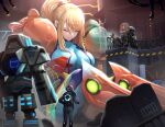  1girl armor bangs blonde_hair blue_bodysuit bodysuit breasts closed_eyes closed_mouth electricity factory giant giantess gonzarez hair_tie highres indoors large_breasts long_hair metroid metroid_prime:_federation_force mole mole_under_mouth people ponytail railing robot samus_aran shoulder_armor sidelocks sitting swept_bangs wire 