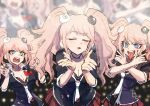  3girls bangs bear_hair_ornament black_choker black_shirt blonde_hair blue_eyes blush bow breasts choker cleavage commentary_request danganronpa:_trigger_happy_havoc danganronpa_(series) enoshima_junko eyebrows_visible_through_hair facing_viewer hair_ornament hands_up leaning_forward long_hair long_tongue looking_at_another miniskirt multiple_girls multiple_persona nail_polish necktie red_nails red_skirt school_uniform shiny shiny_hair shirt skirt sleeves_rolled_up smile tongue tongue_out tsunemi_aosa twintails uma_pyoi_densetsu v-shaped_eyebrows 