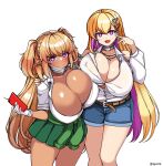  2girls asymmetrical_docking bangs belt blonde_hair blush boryeon_(last_origin) breast_press breasts cellphone choker cleavage closed_mouth clothes_around_waist collarbone colored_inner_hair covered_nipples dark_elven_forest_ranger denim denim_shorts earrings eyebrows_visible_through_hair fang gloves green_skirt gyaru hair_ornament hand_on_another&#039;s_shoulder highres huge_breasts igonik jacket jacket_around_waist jewelry kogal last_origin long_hair looking_at_viewer mole mole_on_breast multicolored_hair multiple_girls necklace phone pleated_skirt purple_eyes purple_hair shorts simple_background skin_fang skirt smartphone smile twitter_username v white_background white_gloves 