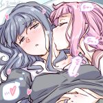  2girls artist_name blue_hair blush closed_eyes hand_under_clothes hickey kiss kissing_neck long_hair lying magia_record:_mahou_shoujo_madoka_magica_gaiden mahou_shoujo_madoka_magica multiple_girls nanami_yachiyo on_back pink_hair school_uniform studiozombie tamaki_iroha yuri 