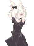  1girl :d animal_ears arms_up black_bow black_dress blade_(galaxist) blush bow bracelet bunny_pose cowboy_shot dot_nose dress eyebrows_visible_through_hair hair_bow jewelry looking_at_viewer open_mouth pink_eyes pop-up_story rabbit_ears rabbit_girl rabbit_tail ruri_ookami sash short_hair simple_background smile solo tail white_background white_hair 