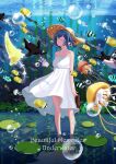  1girl absurdres air_bubble bird bubble closed_eyes dress english_commentary english_text fish haerge hat highres huge_filesize jellyfish lily_pad medium_hair misakino_kukuru penguin seaweed shiroi_suna_no_aquatope smile standing straw_hat summer sun_hat tropical_fish underwater wading white_dress 