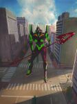  absurdres building city cloud cracked_floor crosswalk day eva_01 evangelion:_3.0+1.0_thrice_upon_a_time foliage full_body glowing glowing_eyes highres holding holding_lance holding_polearm holding_weapon horns lance looking_at_viewer mecha neon_genesis_evangelion no_humans outdoors painting_(medium) polearm rebuild_of_evangelion road ryusei_hashida sidewalk single_horn sky standing street traditional_media traffic_light watercolor_(medium) weapon 