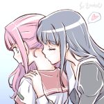  2girls artist_name blue_hair eyebrows_visible_through_hair heart kiss kissing_neck long_hair magia_record:_mahou_shoujo_madoka_magica_gaiden mahou_shoujo_madoka_magica multiple_girls nanami_yachiyo nape pink_hair school_uniform serafuku spoken_heart studiozombie tamaki_iroha upper_body yuri 