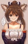  1girl absurdres animal_ears arknights breasts brown_eyes brown_hair cranes_(hiroro1) crazy_smile empty_eyes fox_ears highres looking_at_viewer off_shoulder perfumer_(arknights) piercing ponytail short_hair translated upper_body yandere 