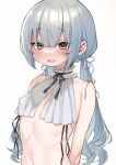  1girl :d absurdres bangs bare_shoulders blush breasts commentary covered_nipples dancho_(dancyo) eyebrows_visible_through_hair highres navel open_mouth original raised_eyebrows revealing_clothes silver_hair simple_background small_breasts smile solo sweat sweatdrop twintails white_background yellow_eyes 