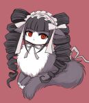  1girl :&lt; animal animal_focus animalization bangs black_hair blunt_bangs bonnet cat celestia_ludenberg commentary_request danganronpa:_trigger_happy_havoc danganronpa_(series) drill_hair eyebrows_visible_through_hair highres long_hair no_humans pink_background red_background red_eyes ribbon simple_background solo wataboshi 