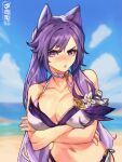  1girl bangs bikini blush choker collarbone crossed_arms flower genshin_impact hair_horns highres ja_mong keqing_(genshin_impact) long_hair looking_at_viewer navel ocean pout procreate_(medium) purple_bikini purple_eyes purple_hair solo swimsuit upper_body v-shaped_eyebrows white_flower 