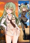  1girl anchovy_(girls_und_panzer) anzio_military_uniform aquaegg blush bottomless breasts cleavage collarbone covered_nipples drill_hair eyebrows_visible_through_hair girls_und_panzer green_hair groin hair_ornament hair_ribbon highres long_hair looking_at_viewer medium_breasts military military_uniform multiple_views navel no_panties open_mouth red_eyes ribbon riding_crop shiny shiny_hair shirt smile standing twin_drills uniform white_shirt 