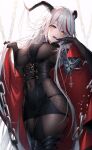  1girl absurdly_long_hair aegir_(azur_lane) azur_lane black_cape black_gloves black_skirt bodystocking boots breast_curtains breasts cape chain covered_navel cross cross-laced_clothes cross_earrings demon_horns earrings elbow_gloves eyebrows_visible_through_hair from_below gloves hair_on_horn highres horns iron_cross jewelry knee_boots large_breasts long_hair looking_at_viewer multicolored_hair open_mouth oyuwari red_hair simple_background single_knee_boot skindentation skirt solo streaked_hair taut_clothes underbust very_long_hair white_background white_hair yellow_eyes 