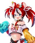  1girl :d animal_ears animal_on_head bangs bare_shoulders belt blue_eyes blunt_bangs breasts cleavage collar collarbone commentary_request detached_sleeves fang hakos_baelz highres hololive hololive_english key long_hair long_sleeves looking_at_viewer midriff miyako_draw mouse mouse_ears mr._squeaks_(hakos_baelz) multicolored_hair navel on_head open_mouth red_hair short_sleeves sidelocks simple_background sleeves_past_wrists smile solo streaked_hair stuffed_animal stuffed_mouse stuffed_toy twintails wide_sleeves 