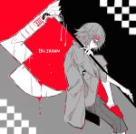  1boy awara_kayu bangs black_background blood blood_on_weapon checkered checkered_background from_side grey_background hair_between_eyes hair_ornament hairclip holding holding_scythe knee_up long_sleeves male_focus pale_skin pants profile red_background red_footwear scythe shirt short_hair solo stitches suzuya_juuzou tokyo_ghoul tokyo_ghoul:re weapon x_hair_ornament 