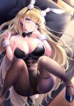  1girl :o animal_ears aqua_eyes azur_lane bangs bare_shoulders black_bow black_footwear black_hairband black_legwear black_leotard black_neckwear blonde_hair blunt_bangs blush bow bowtie breasts cleavage commentary_request couch covered_navel detached_collar eyebrows_visible_through_hair fake_animal_ears fake_tail hairband hand_on_own_face hands_up head_tilt indoors large_breasts legs_up leotard long_hair looking_at_viewer lying north_carolina_(azur_lane) north_carolina_(the_heart&#039;s_desire)_(azur_lane) official_alternate_costume on_back on_couch pantyhose parted_lips pillow playboy_bunny pontaro18 rabbit_ears rabbit_tail solo strapless strapless_leotard tail very_long_hair wrist_cuffs 