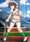  1girl aquaegg baseball baseball_bat baseball_uniform black_hair blush braid breasts brown_eyes eyebrows_visible_through_hair girls_und_panzer girls_und_panzer_senshadou_daisakusen! grin highres large_breasts looking_at_viewer midriff navel outdoors pepperoni_(girls_und_panzer) shiny shiny_hair shiny_skin short_hair shorts smile solo sportswear white_shorts 